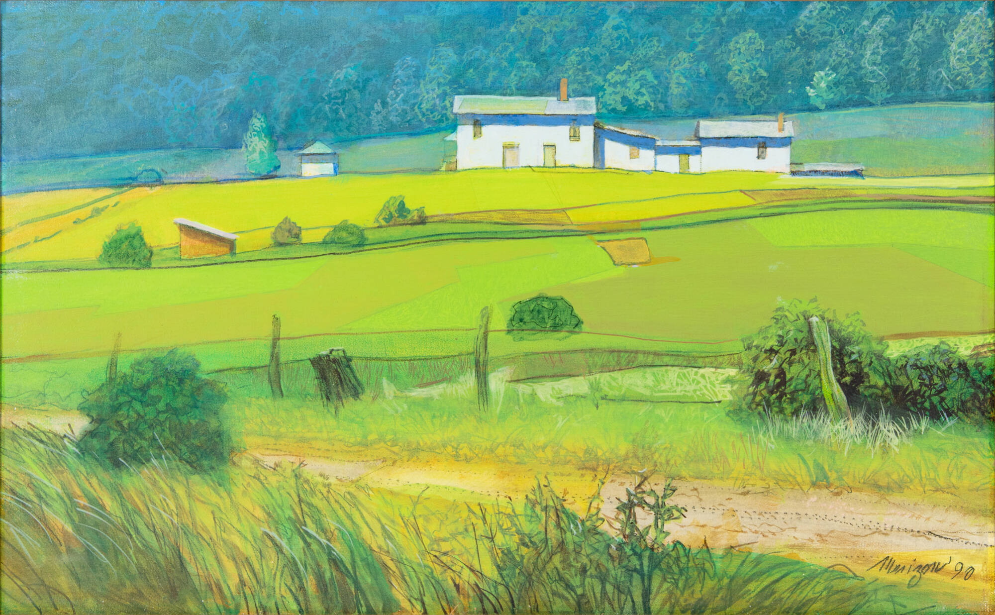 Colorful landscape with a row of white buildings on top of a yellow-green hill near the top of the image.